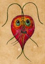 Scientific illustration of Giardia intestinalis protozoan on aged paper, evoking the style of medieval medical drawings. Royalty Free Stock Photo