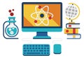 Scientific knowledge icon. Expirement and books. Digital education