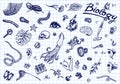 Scientific laboratory in Biology. Icon Set of Biochemistry Research. Living creatures organisms molecules. Medicine in