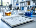 Scientific Laboratory Equipment with Chemical Flasks and Notebook Royalty Free Stock Photo