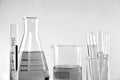 Scientific laboratory experimental glassware with clear solution Royalty Free Stock Photo