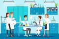 Scientific laboratory flat vector illustration. Chemical lab experiment, study, research. People in white gowns Royalty Free Stock Photo