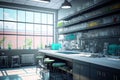 Scientific laboratory interior, basic research or biotech lab, concept art generated by AI, AI generative art