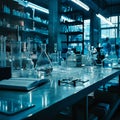A scientific medical laboratory with a variety of flasks, reagents, vessels, liquids and equipment. Scientific
