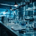 A scientific medical laboratory with a variety of flasks, reagents, vessels, liquids and equipment. Scientific