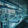 A scientific medical laboratory with a variety of flasks, reagents, vessels, liquids and equipment. Scientific Royalty Free Stock Photo