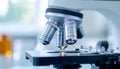 Scientific Microscope with Multiple Objective Lenses in Laboratory Setting Royalty Free Stock Photo