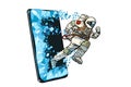 Scientific online applications concept. Astronaut runs through a smartphone