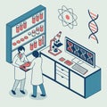 Scientific research lab with two scientists, microscope, dna, and atom Royalty Free Stock Photo