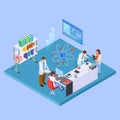 Scientific research laboratory. Isometric chemistry equpment and sciensists, pharmaceutical lab concept