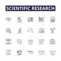 Scientific research line vector icons and signs. Experiments, Discovery, Study, Analysis, Process, Exploration