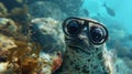 Scientific Seal with Goggles Diving Underwater Royalty Free Stock Photo