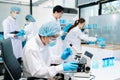 A scientific team working together in a modern laboratory, testing samples, mixing liquids, analyzing data, and using advanced lab Royalty Free Stock Photo