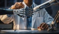 Scientist Adjusts Advanced Bionic Prosthetic Hand on Robotic Arm Royalty Free Stock Photo