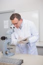 Scientist analysing microscope writing on clipboard