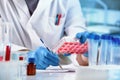 Researcher working with samples of tissue culture in microplate and registering data in the genetics laboratory Royalty Free Stock Photo