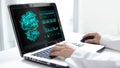Scientist analyzing 3D molecular docking and binding data on laptop for drug discovery research Royalty Free Stock Photo