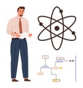 Scientist Analyzing Data with Atomic Model and Process Diagram for Research and Innovation Royalty Free Stock Photo