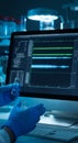 Scientist analyzing DNA data on a computer screen bioinformatics molecular biology genetic sequencing research