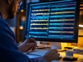 Scientist analyzing genetic data on dual monitors in high tech lab emphasizing bioinformatics digital precision advanced
