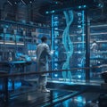 scientist analyzing holographic dna in futuristic laboratory