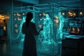 Scientist Analyzing Holographic Human Figures in Lab. Generative AI