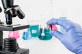 Scientist analyzing pills in medical laboratory. science background Royalty Free Stock Photo