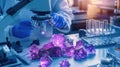 Scientist analyzing purple crystals under microscope in laboratory setting Royalty Free Stock Photo