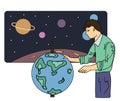 Scientist, astronomer or a geographer looks at the globe. Vector illustration, on white background. Royalty Free Stock Photo