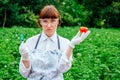 A scientist biologist in a lab coat and protective gloves introduces a blue liquid into the vegetables, tomatoes, against the
