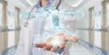 Scientist holding and touching holographic drone projection with his hand 3D rendering