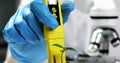 Scientist botanist checking soil acidity with plant sprout using ph meter closeup 4k movie slow motion