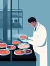 A scientist carefully monitoring a petri dish containing labgrown meat.. AI generation