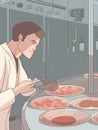 A scientist carefully monitoring a petri dish containing labgrown meat.. AI generation