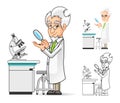 Scientist Cartoon Character Holding a Magnifying Glass with Microscope in The Background Royalty Free Stock Photo