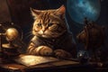 A scientist cat sitting behind a table with some astronomy devices on it. Created with Generative AI