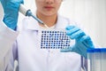 Scientist with cell culture in sample micro plate for research in science laboratory Royalty Free Stock Photo