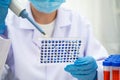 Scientist with cell culture in sample micro plate for research in science laboratory Royalty Free Stock Photo