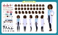 Scientist character creation set.Black Woman works in science laboratory at experiments. Full length, different views