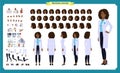 Scientist character creation set.Black Woman works in science laboratory at experiments. Full length, different views