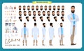 Scientist character creation set. Man working in science laboratory at experiments. Full length, different views, emotions
