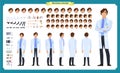 Scientist character creation set. Man working in science laboratory at experiments. Full length, different views, emotions