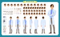 Scientist character creation set. Man working in science laboratory at experiments. Full length, different views, emotions