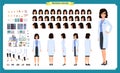 Scientist character creation set. Woman works in science laboratory at experiments. Full length, different views, emotions,