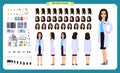 Scientist character creation set. Woman works in science laboratory at experiments. Full length, different views, emotions,