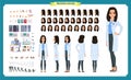 Scientist character creation set. Woman works in science laboratory at experiments. Full length, different views, emotions