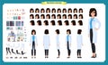 Scientist character creation set. Woman works in science laboratory at experiments. Full length, different views,