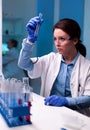 Scientist chemist analyzing a liquid sample and discovering genetic infection Royalty Free Stock Photo