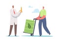 Scientist Chemist Male Character Holding Glass Flask with Liquid Eco Petrol and Fueling Station Worker with Green Barrel