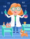 Scientist chemist among the objects. Microscope with mirror in cartoon flat style. Tools for laboratory and medical Royalty Free Stock Photo